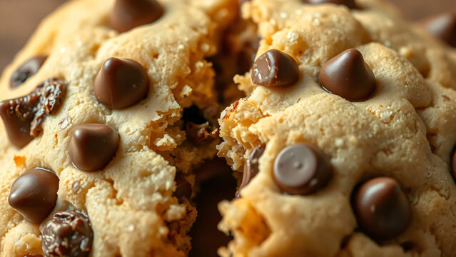 Close up de um delicioso cookie gigante com gotas de chocolate meio amargo crocante por fora macio por dentro partido ao meio mostrando interior derretido delicioso.