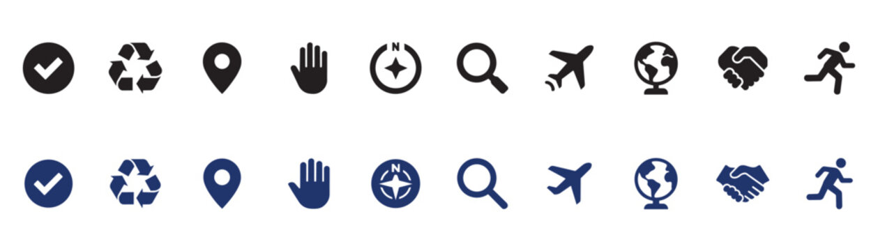 Set of minimalist black and blue icons featuring check mark recycling symbol location pin compass search magnifying glass airplane globe and handshake.