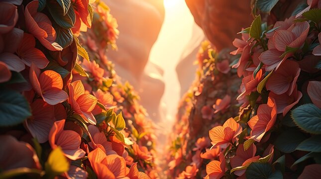 pink flowers blooming in a narrow rocky canyon at sunset