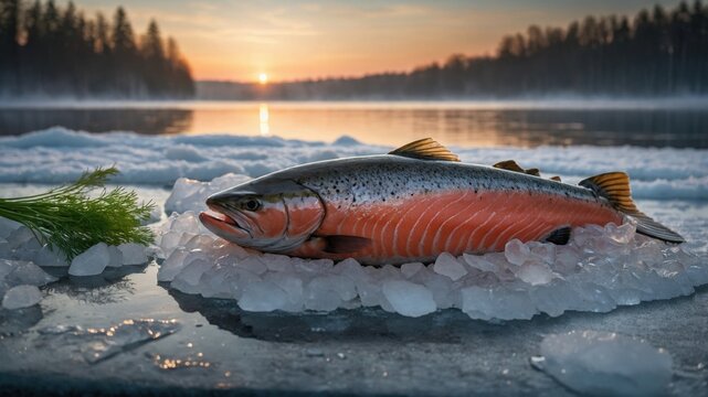 Freshly caught fish resting on ice beside a tranquil lake at sunrise, surrounded by nature's beauty