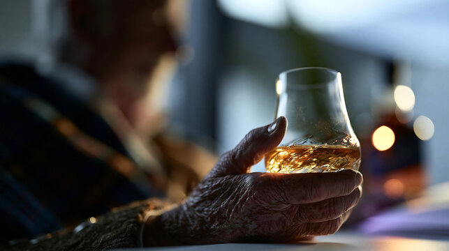 Person holding glass of aged golden whisky or bourbon with blurred background, beverage