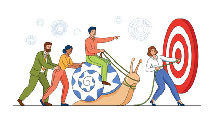 Business team dealing with slow progress pushing and pulling giant snail toward big target goal flat vector illustration concept © Monzurul
