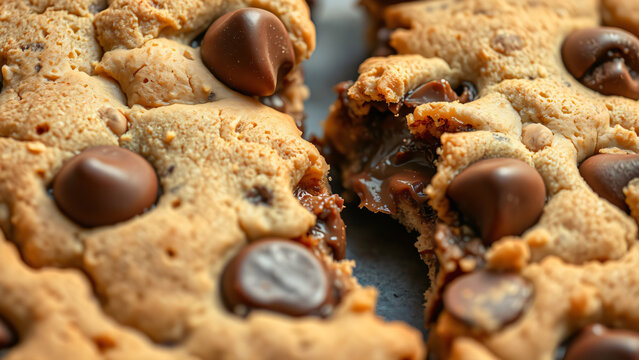 Close up of warm soft baked chocolate chip cookies broken open revealing gooey melted chocolate chips and chewy golden brown cookie texture.