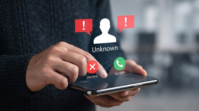 Person receiving a spam call on smartphone. Unknown caller ID with warning notification.