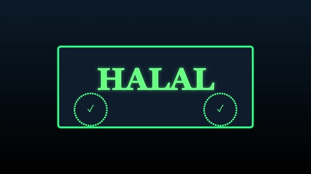 Halal certified food label animation with green glowing checkmarks for islamic dietary compliance and assurance standards 4k
