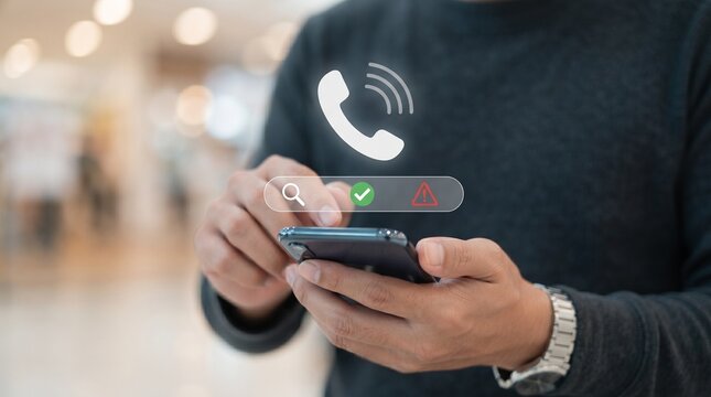 Person using smartphone for customer support. Man tapping phone screen for contact service.