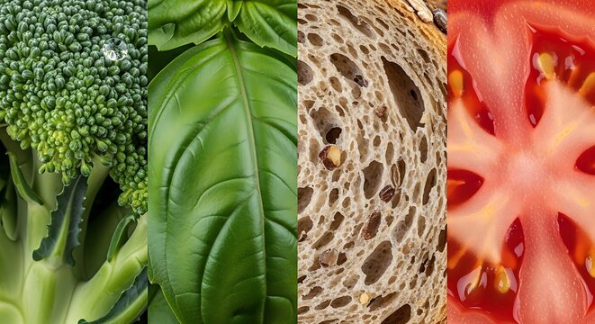 Collage of fresh broccoli basil bread and sliced tomato food textures