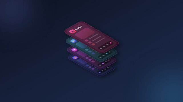 Isometric mobile app interface layers stacking on dark background
