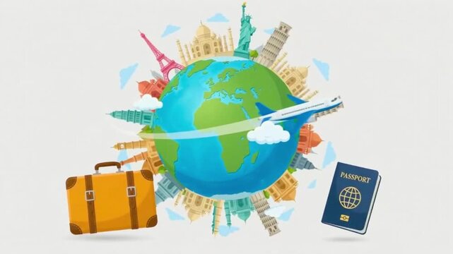 Global Travel and Tourism Concept with Earth Globe, World Landmarks, Airplane, Suitcase, Passport, Compass, and Camera Illustration