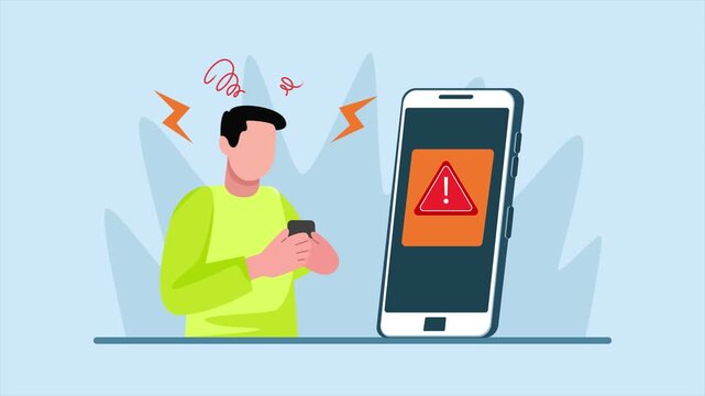 A stressed man using his mobile phone.. Digital Stress concept. Full length Icon animation illustration. High quality&nbsp;4k&nbsp;footage