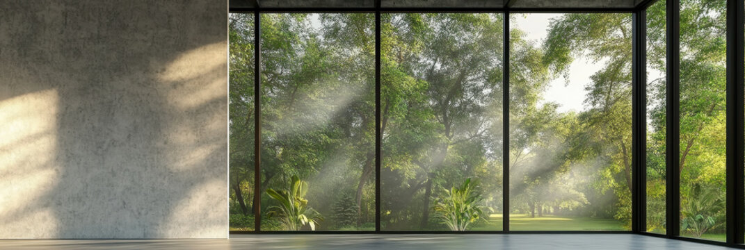 space empty room nature view  render,There are polished concrete floor and wall