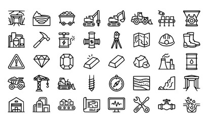 Fototapeta premium Modern Mining and Mineral Extraction Line Icons Editable Vector Collection