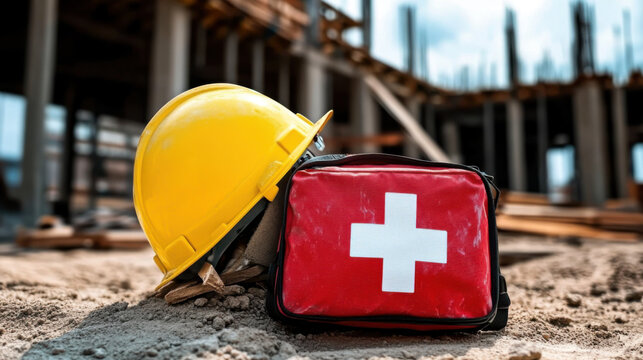 scene construction site with a yellow hard hat and a red first-aid kit bearing a white cross