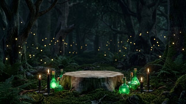 Mystical forest podium with glowing potions and candles in a magical night forest