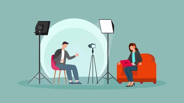 Video production team recording interview scene. Behind the scenes concept. Full length Icon animation illustration. High quality&nbsp;4k&nbsp;footage