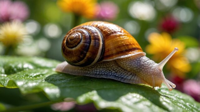 Close-up of a snail on a green leaf surrounded by colorful flowers in a vibrant garden setting