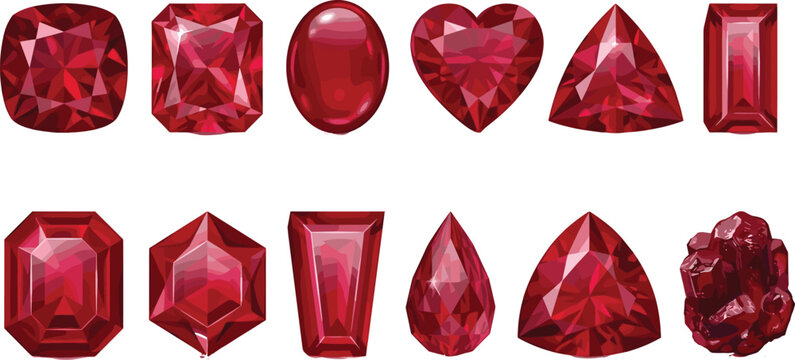 Hand Drawn Ruby Gemstone Collection with Cushion Emerald Oval Heart Pear Trillion and Raw Ruby Crystal Vector Illustration Set
