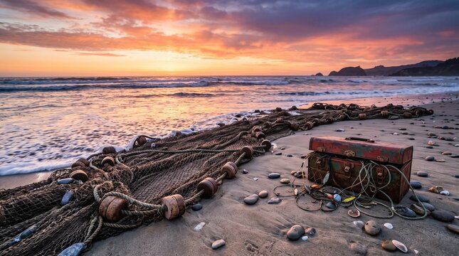 Old fishing net and wooden chest on a sandy beach at sunset-(Jaring ikan tua dan peti kayu di pantai berpasir saat matahari terbenam)