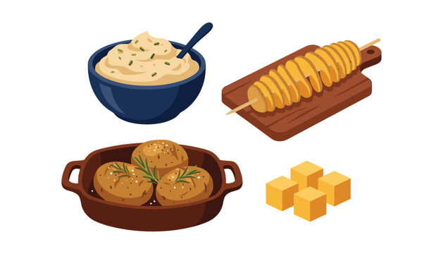 Delicious potato dishes set vector illustration featuring mashed puree spiral tornado skewer baked jacket potatoes and raw cubes