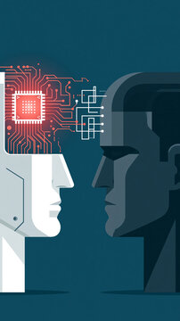 The side of the AI ​​robot's head, with its glowing red microchip circuitry, is facing a human head. This illustrates the concept of artificial intelligence versus the human mind.