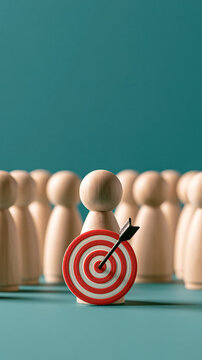 Wooden peg doll figure with red target board and arrow in front of blurred crowd, business strategy and goal achievement concept.