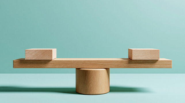 Wooden seesaw with two equal wooden blocks on cylinder pivot, balance, equality and comparison concept.