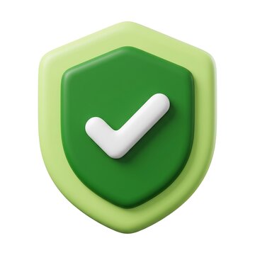 3D icon of a green shield with a white checkmark for security and verification confirmation, checkmark