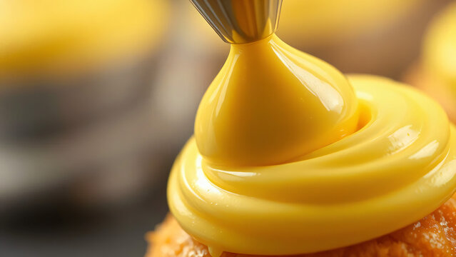 Closeup of pastry tip piping smooth glossy golden yellow buttercream frosting swirl onto vanilla cupcake against dark bakery background.