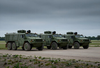 Obraz premium Three green military armored personnel carriers parked in a row on a dirt road under an overcast sky, the vehicles feature rugged designs and heavy-duty tires, suitable for off-road conditions