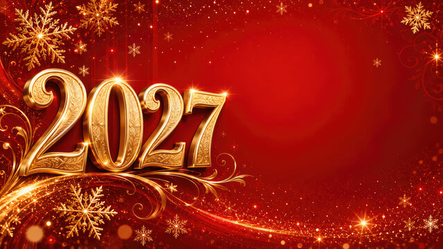 Luxury Golden 2027 New Year Background with Snowflakes and Copy Space