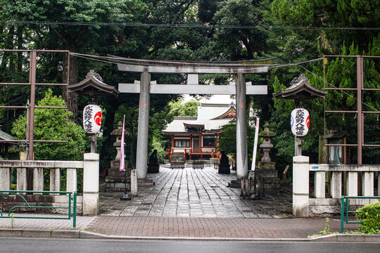 Traditional Japanese Shinto Shrine Gate Entrance With Stone Torii and Lanterns
