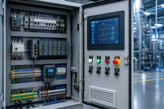 Industrial Automation Control Cabinet with PLC and HMI Touchscreen