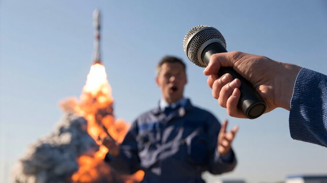 Aerospace engineer speaking with a journalist's microphone extended while a rocket launches in the background. Concept of rocket launch news interview.