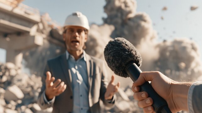 Civil engineer speaking with a journalist's microphone extended while a bridge demolition unfolds behind. Concept of engineering demolition news interview.