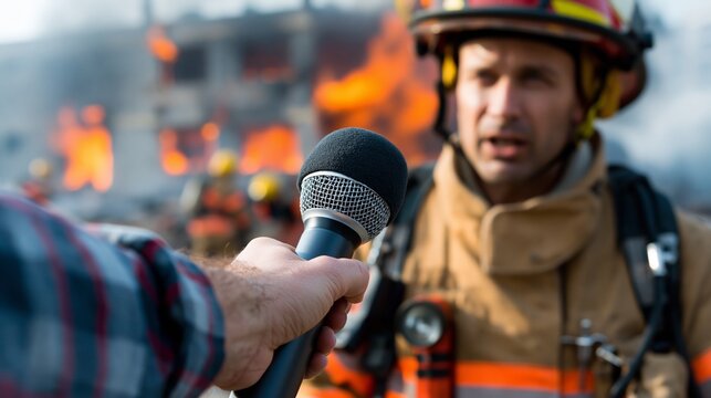 Firefighter speaking with a journalist's microphone extended while a building burns in the background. Concept of fire emergency news interview.