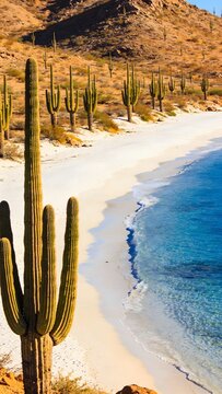 Pristine Desert Coastline of Baja California where Giant Cardon Cacti Meet the Deep Blue Sea