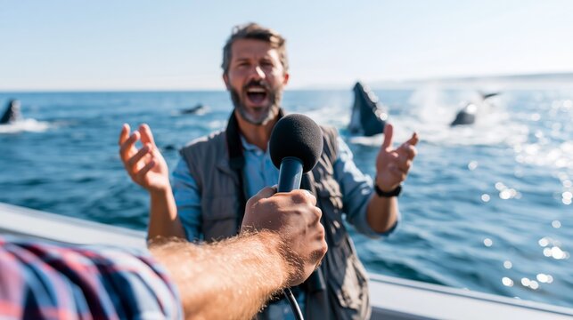 Marine biologist speaking with a journalist's microphone extended while whales breach in the ocean behind. Concept of marine wildlife news interview.