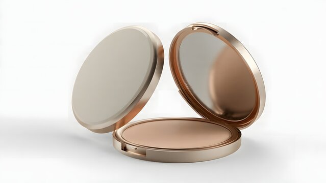 Elegant rose gold makeup compact powder with mirror and sponge applicator on white background.