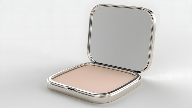 Open makeup compact with pressed face powder and mirror on white background.