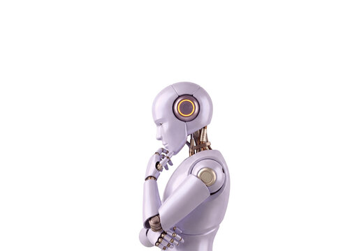 3D white humanoid robot in thinking pose isolated on transparent background.