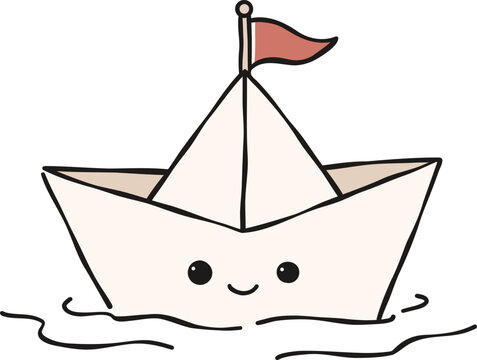 Cute origami paper boat with red flag Clipart, Cute Nautical Ocean Marine Vector, Hand Drawn flat color Kids Nursery Sublimation Graphic Element