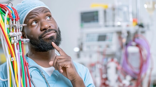 Perfusionist holding perfusion tubing in an operating room while thinking. Concept of quiz, consultation and trivia about perfusion.