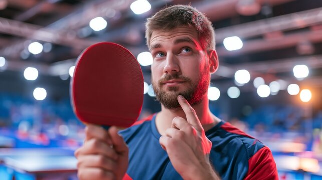 Competitive table tennis player holding a paddle in an arena while thinking. Concept of quiz, consultation and trivia about table tennis.