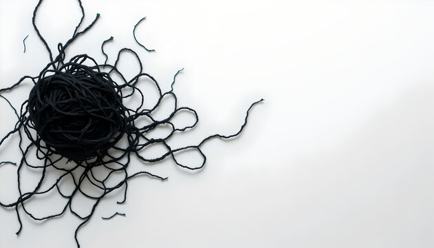 Tangled Black Thread on White Background Representing Mess and Chaos
