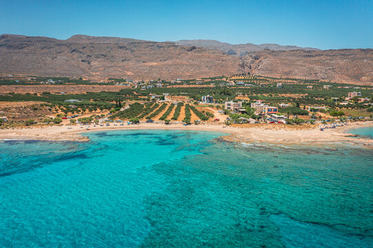Xerokambos beach and coastal village aerial view, Crete, Greece