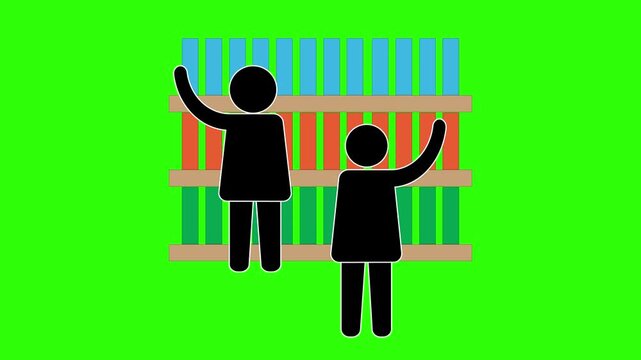 Animation of a student taking a book from a library shelf. Icon of a bookshelf filled with books. 4K motion graphics animation.
