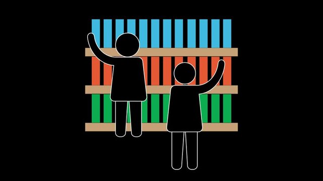 Animation of a student taking a book from a library shelf. Icon of a bookshelf filled with books. 4K motion graphics animation.