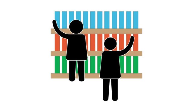 Animation of a student taking a book from a library shelf. Icon of a bookshelf filled with books. 4K motion graphics animation.