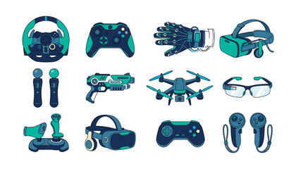 Virtual reality VR and gaming equipment vector set with headset controllers drone steering wheel gamepad and data glove icons © Monzurul