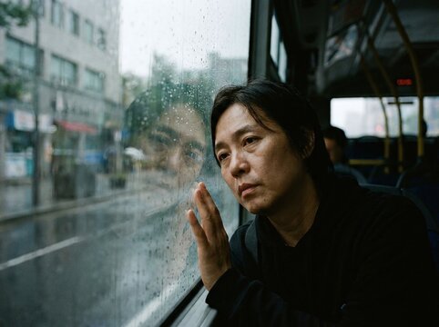 Thoughtful man looking out rainy bus window at city streets during a lonely commute reflecting on life